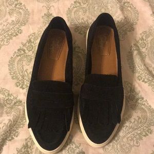 Black suede slip ons